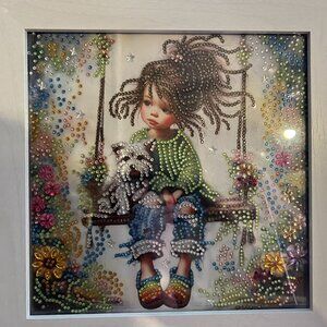 Handmade Diamond Dotz Art – Framed Whimsical Girl on Swing